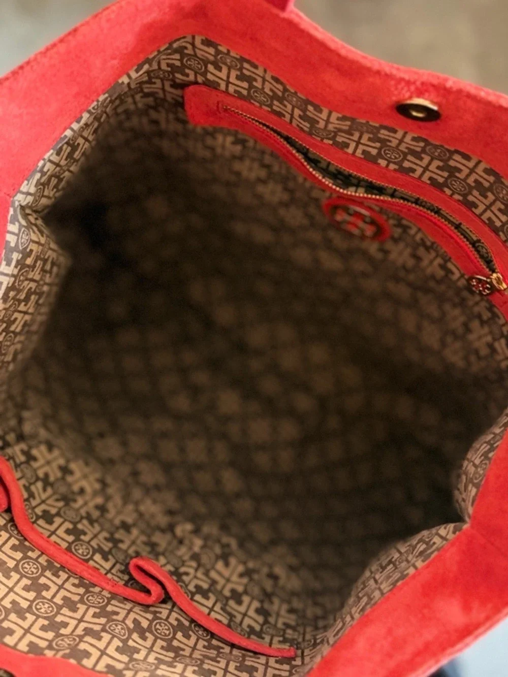 Tory Burch Marion Red Suede Logo Tote Bag